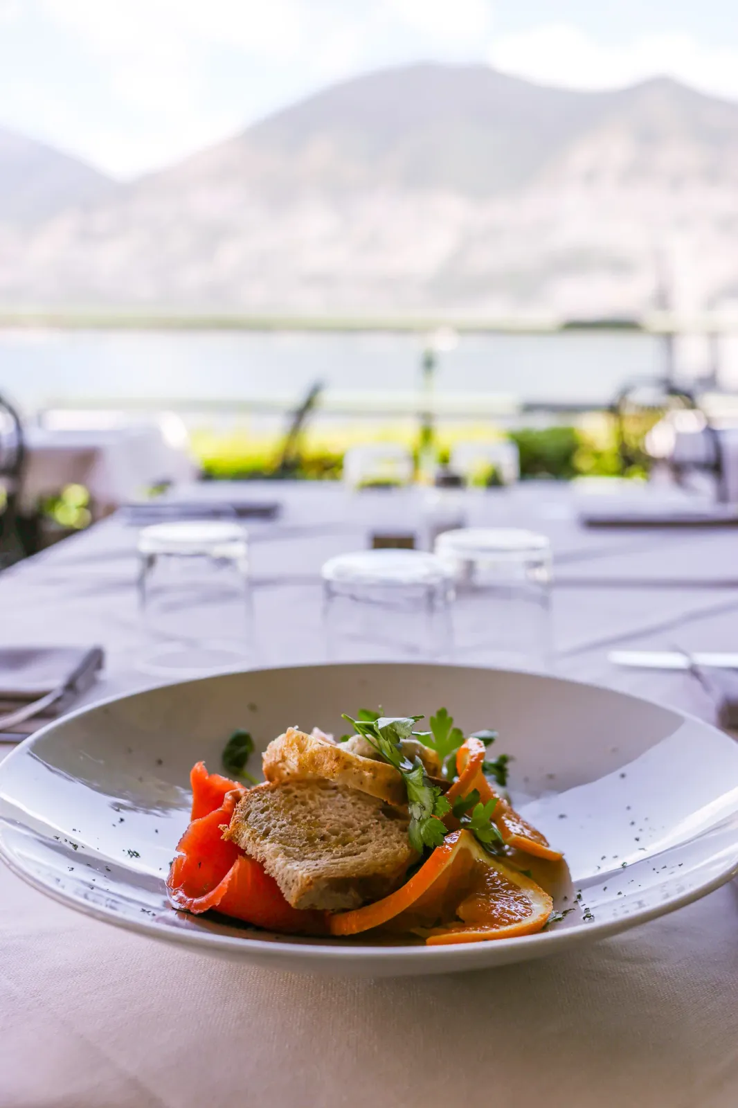 Crudi & marinati Antipasto di salmone con vista lago